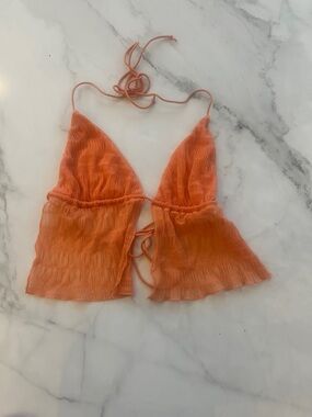 Crinkle Orange Halter Tie-Front Crop Top